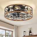 LEDIARY Caged Ceiling Fans with Lights, Farmhouse Flush Mount Ceiling Fan with Remote, Black & Walnut Low Profile Ceiling Fan Light Fixture for Bedroom, Kitchen, Dining Room. (Medium)