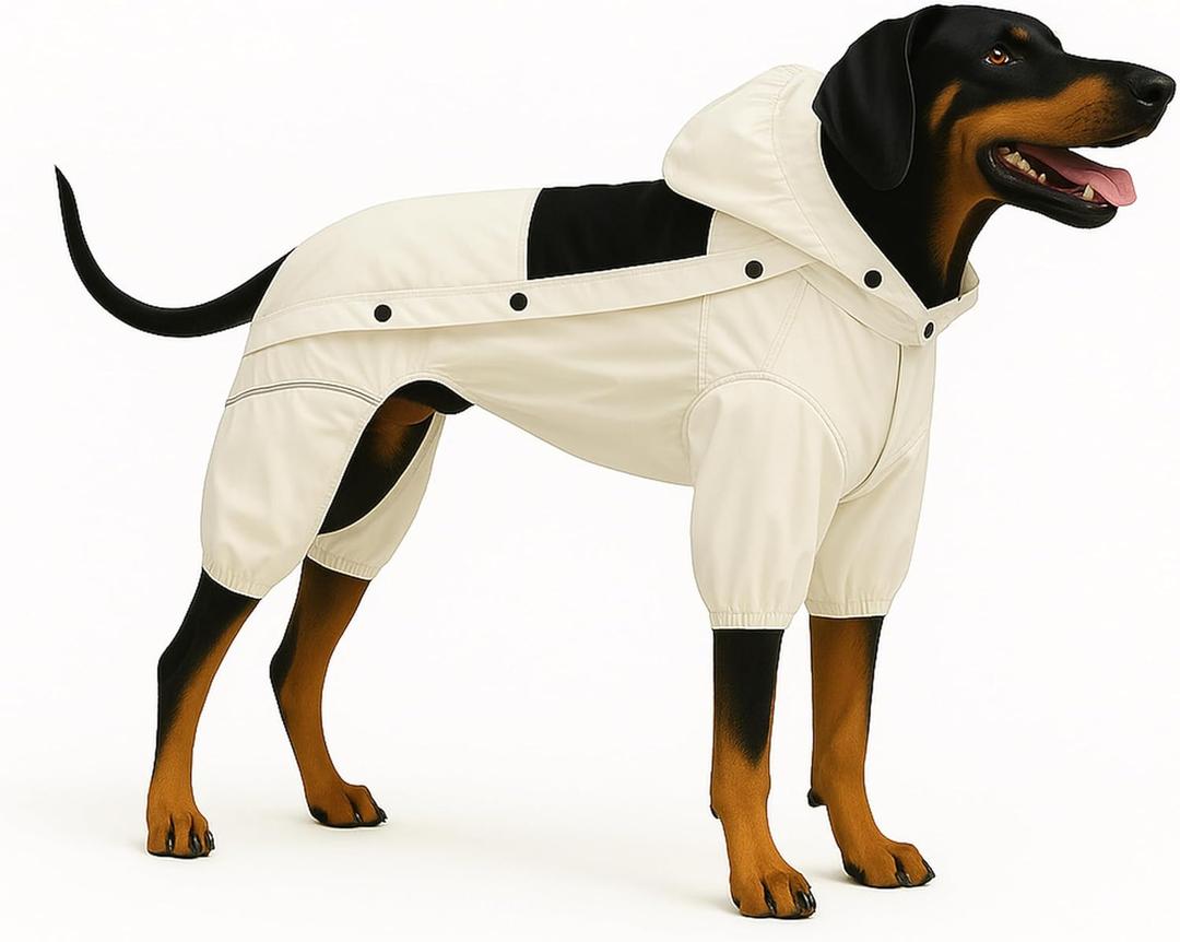 LOVELONGLONG Waterproof Dog Raincoat with Removable Hood  Outdoor Full Body Dog Jacket, Windproof Snowproof Shell Suit  All Season Pet Rain Gear Ivory L (L (Back 16.5"))