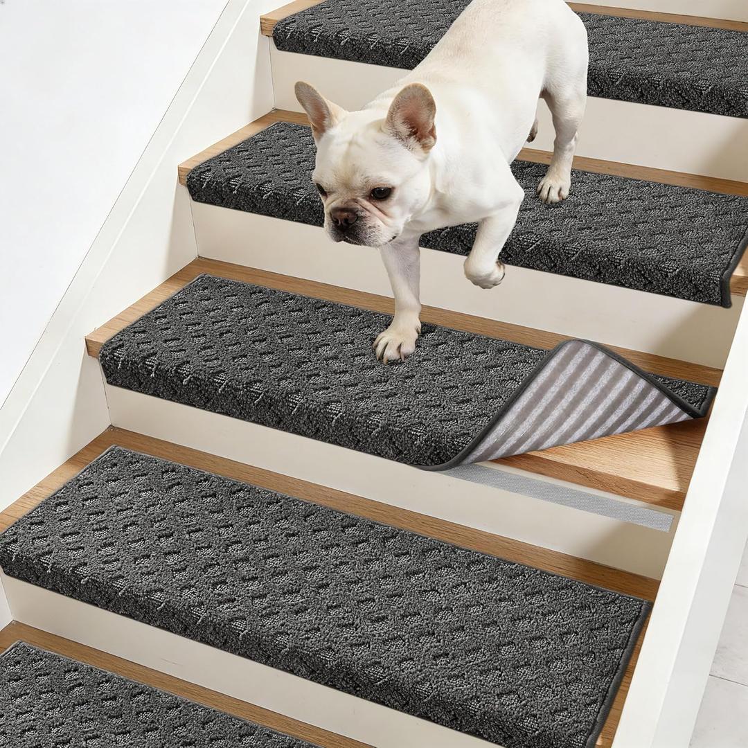 JSEI Bullnose Carpet Stair Treads, 14 Pcs Non Slip Stair Treads for Wooden Steps Indoor with TPE Backing, 11" x 30" Machine Washable Stair Runners with Edge Protection for Kids and Elders, Dark Grey