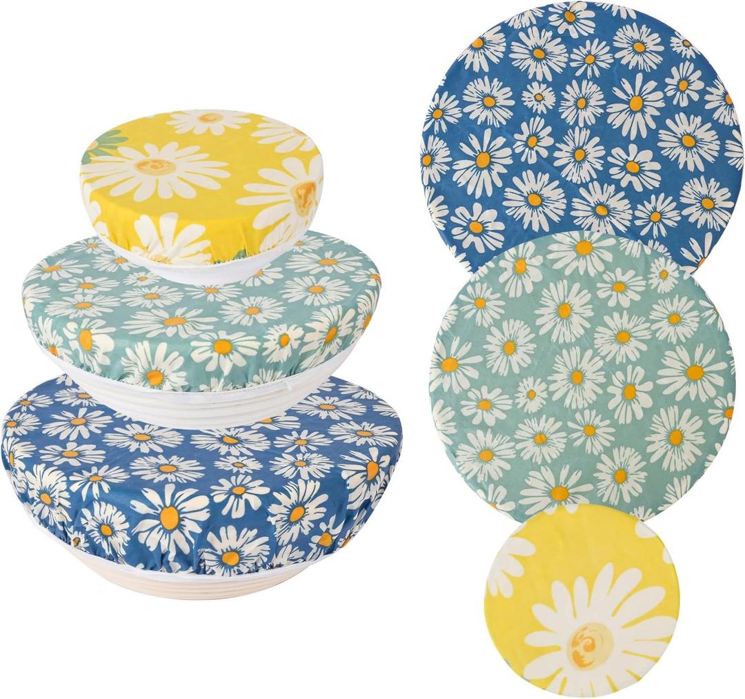 Reusable Bowl Covers for Bread Proofing - Beeswax Bowl Covers Reusable 3 Set, Cotton Blend Stretch Design, Fits 4-13 Inch Bowls, Shower Caps for Sourdough Bread, Dough Proofing & Food Storage(Daisy)