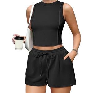 OQQ Two Piece Sets for Women Summer Outfits Lounge Sets Crew Neck Tops Wide Leg Shorts Vacation Travel Black, XL