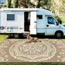 Capslpad 9ftx12ft RV Camping Outdoor Rug Beige Waterproof Outside Plastic Straw Rug Reversible Boho Floral Balcony Carpet Foldable Backyard Area Rug with Carry Bag for Patio Deck Bench Picnic Porch (8'10" x 11'11" (Rectangular), Beige)