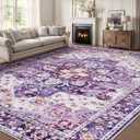 8x10 Area Rugs for Living Room, Machine Washable Vintage Rug, Non-Slip Low Pile Throw Rugs with Rubber Backing Washable Carpet for Bedroom Dining Room Kitchen Home Decor, Purple