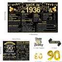 90th Birthday Decorations for Men, Black Gold Back in 1936 Party Supplies Kit with Banner, Backdrop, Sash, Balloons, Cake Topper & Honeycomb Centerpieces, Happy 90 Year Old Birthday Decorations