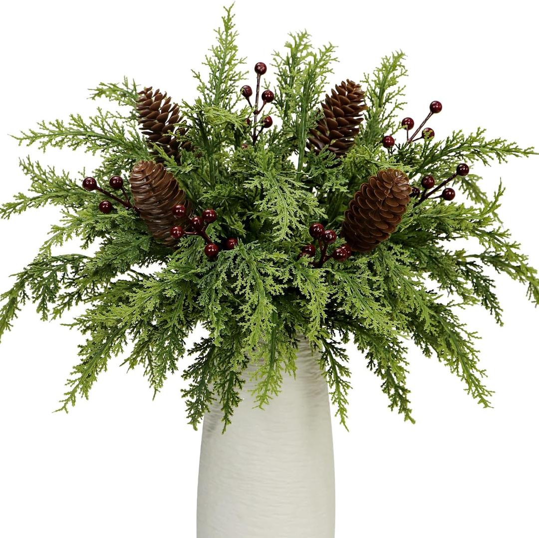 40 Pcs Artificial Pine Branches Pinecone Holly Berry Set, 12.5 Inch Christmas Greenery Picks Foliage Sprigs Fake Cedar Stems for Xmas Vase Filler DIY Crafts Garland Wreath Home Decor (40, Red Berry)