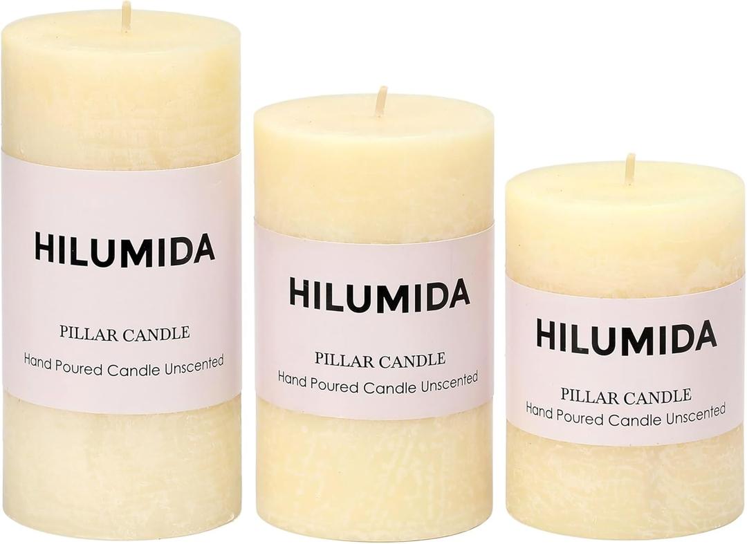 Ivory Pillar Candles Set of 3 - Hand-Poured Unscented Candles,Smokeless Dripless Candles for Dinner Table and Home, Set of 3 in Different Sizes (3"x4", 3"x5", 3"x6")