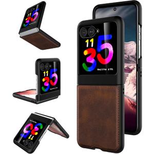 Foluu for Motorola Razr Plus 2023 Case, with Front Built-in Screen Protector, PU Leather + Hard PC Shell Ultra Thin Slim Durable Protective Phone Case Cover for Motorola Razr Plus 2023 (Brown)