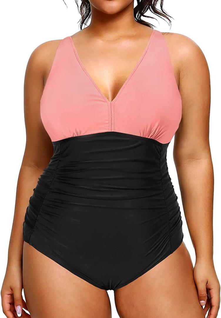Aqua Eve Women Plus Size One Piece Swimsuits V Neck Tummy Control Bathing Suits Retro Ruched Swimwear Pink and Black 12 Plus
