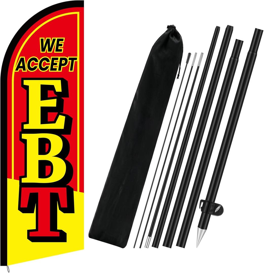 FuWeave Advertising Swooper Flag Banner 8.2ft Feather Flags with Pole and Ground Stake Advertising Feather Banner Signs for Business Store Fronts(Red,We Accept EBT)