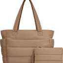 TOPDesign Puffer Tote Bag for Women, Lightweight Puffy Handbag with Compartments, Quilted Shoulder Bag for Work, Travel, Gym (Medium, Khaki)