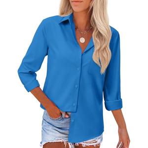 siliteelon Button Down Shirts for Women Dress Shirts Long Sleeve Wrinkle Free Work Office Fitted Cotton Blouse Tops Cobalt Blue, Medium