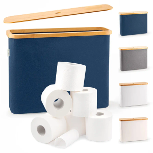 LONBET Toilet Paper Storage for 12 Rolls, Stackable & Foldable - The Ultimate Bathroom Organizer - Waterproof Basket with Bamboo Lid - Elegant Toilet Paper Storage Holder, Blue