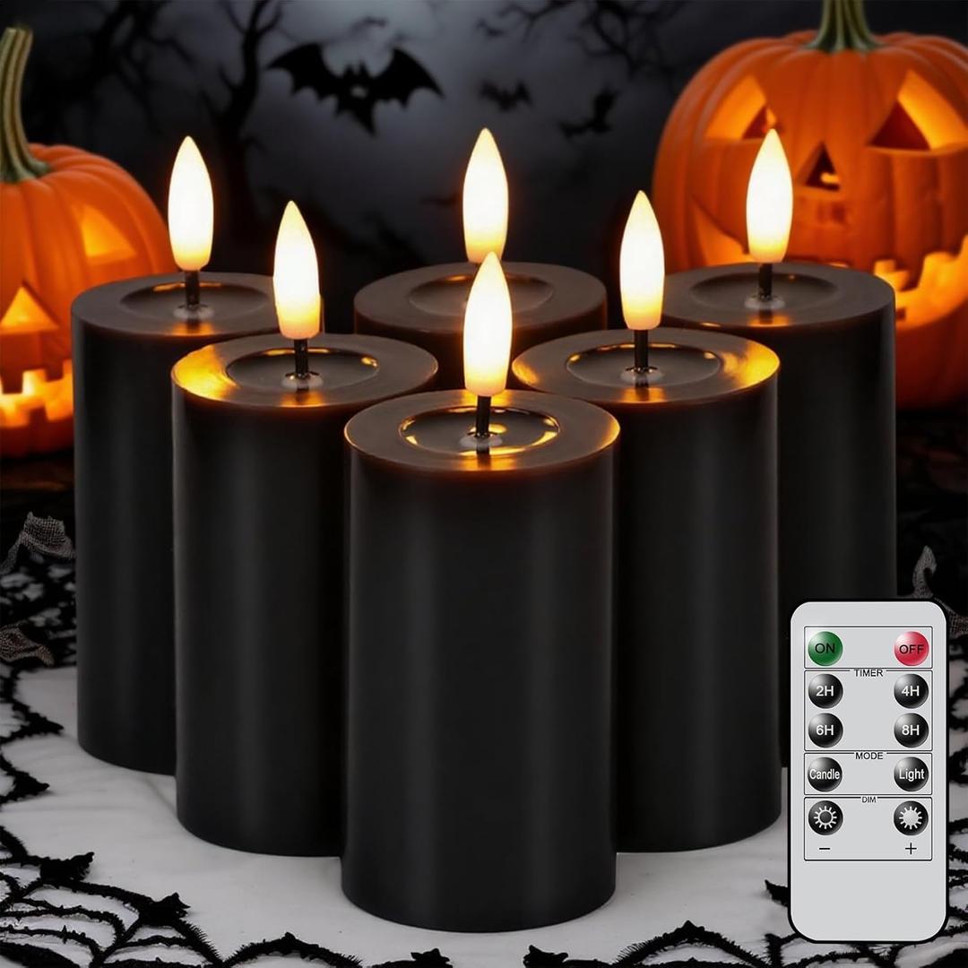 Halloween Decorations Mirror Surface Candles with Remote Timer, Battery Operated 6pcs Real Wax LED Votive Candle Realistic Flickering for Halloween Decor Lantern 2" H 4.5 Black