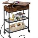 Hadulcet End Table with Charging Station & Rotating Top, Couch End Table, Rotating Swivel Top Side Table for Living Room & Bedroom, Narrow Rolling Side Table on Wheels, Skinny Nightstand, Rustic Brown