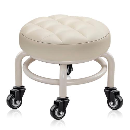 HPONQIONE Round Rolling Low Stool- PU Leather Low Stool 360° More Comfortable Swivel with Thickened Sponge Cushion for Nail Salon, Pedicure, SPA and Home (White Upgrade Edition)