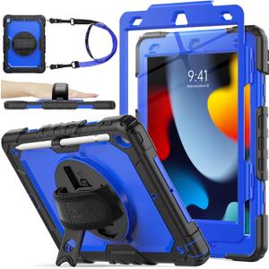 SEYMAC stock Case for iPad 9th/ 8th/ 7th Generation 10.2'', Shockproof with Screen Protector, Pencil Holder [360 Rotating Hand Strap] & Stand, for iPad 10.2 inch 2021-2019 (Blue+Black)