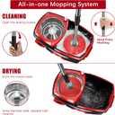 FunClean 360 Spin Mop and Bucket Set with Wringer, 6 Extra Microfiber Heads, 61" Extended Handle for Effortless Floor Cleaning, 2X Wheel Design - Black