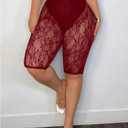 Women's Plus Size Floral Lace High Waisted Shorts Sheer Mesh Casual Leggings (X-Large Plus, Red)