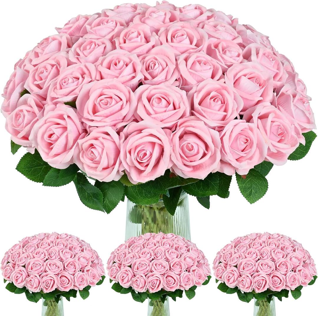 100 Pcs Pink Roses Artificial Flowers, Real Touch Velvet Roses Bouquet Fake Flowers Bulk, Artificial Roses with Long Stems for Birthday Gift Women Mom DIY Bridal Wedding Centerpiece Decorations
