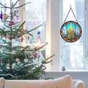 Stained Glass Window Hanging, Golden Glow Christmas Tree Round Sun Catchers Glass Panel Suncatcher Decor for Home, 7.8Inch. (020)