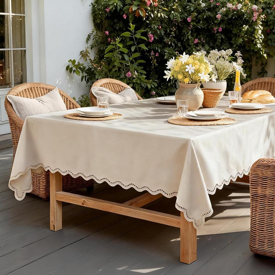 Outdoor Rectangle Tablecloth Waterproof & Stain Resistant Table Cloth Boho Spring Decorative Scalloped Cutouts Farmhouse Table Cover for Dining, Party, Camping, 55 x 84 Inch, Beige
