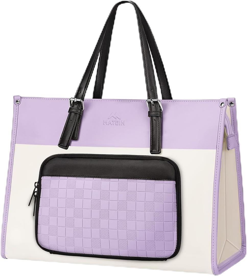 MATEIN Work Tote with Lunch Compartment, PU Leather 15.6 Inch Laptop Lunch Bags, Lightweight Lunch Purse Women with Laptop Compartment for Travel, Picnic, Ladies Gift, Light Purple