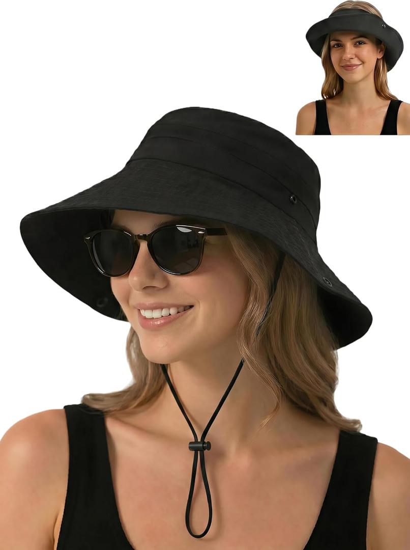 Sun Bucket Hats for Women UV Protection, Summer Beach Hat | Waterproof Quick Dry Rain Hat, Packable Sunhat, Ponytail Hole, Wide Brim, Adjustable, Chin Strap, Fishing, Hiking, Gardening
