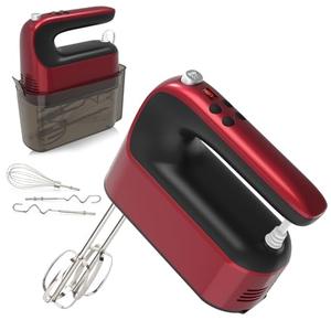 Yomelo 9-Speed Digital Hand Mixer Electric, 400W Powerful DC Motor, Hand Mixer Electric Handheld with Snap-On Storage Case, 5 Stainless Steel Accessories, Beaters, Dough Hooks, Whisk(Red)