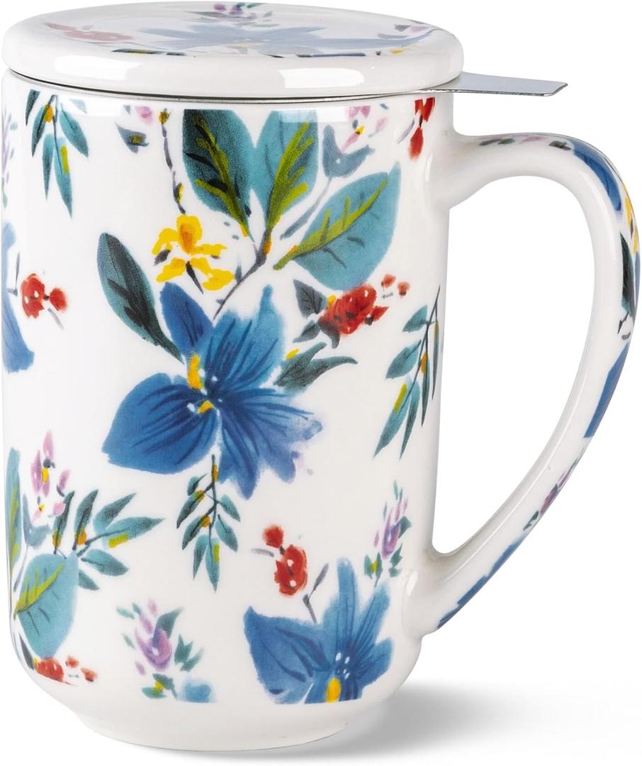 AmorArc Porcelain Tea Mug with Infuser and Lids, 18 Oz Coffee Cup Strainer with Bag Holder for Loose Leaf Tea, Steeping Coffee Mug for House-warming Wedding Birthday Gift (Iris)