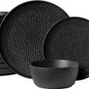 KINGSTONE Ceramic Dinnerware Set, 18-Piece Porcelain Plates and Bowls Set for 6, Matte Black or White, Hammered Texture, Microwave, Dishwasher & Oven Safe, Perfect for Home, Weddings & Gifts
