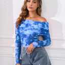 ZAFUL Women's Sexy Off The Shoulder Mesh Tops Sheer Stretchy Shirts Party Going Out Blouse (Blue, S)