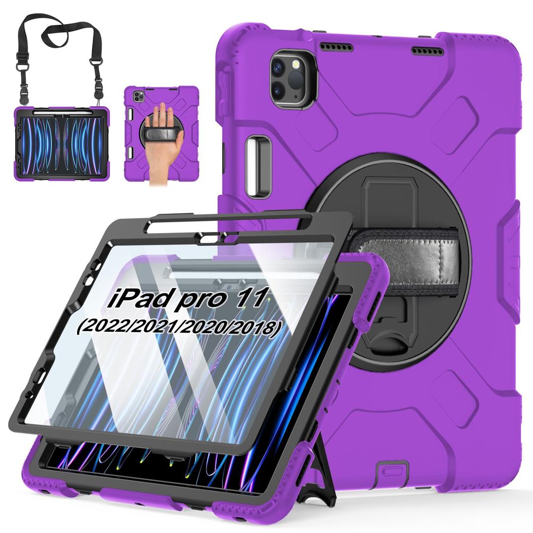 Case for iPad Pro 11 Inch 2022/2021/ 2020/2018: Silicone Cover for iPad 11 Inch 4th/ 3rd/ 2nd/ 1st/ Generation with Screen Protector- Stand- Handle- Shoulder Strap- Pencil Holder- Purple
