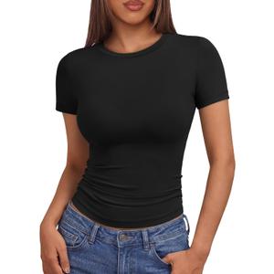 AUTOMET Womens Crew Neck Short Sleeve Basic Stretchy Slim Fit T-Shirt 2026 | Versatile Y2K style summer crop tops, perfect for business casual or athletic gym workouts (XS)