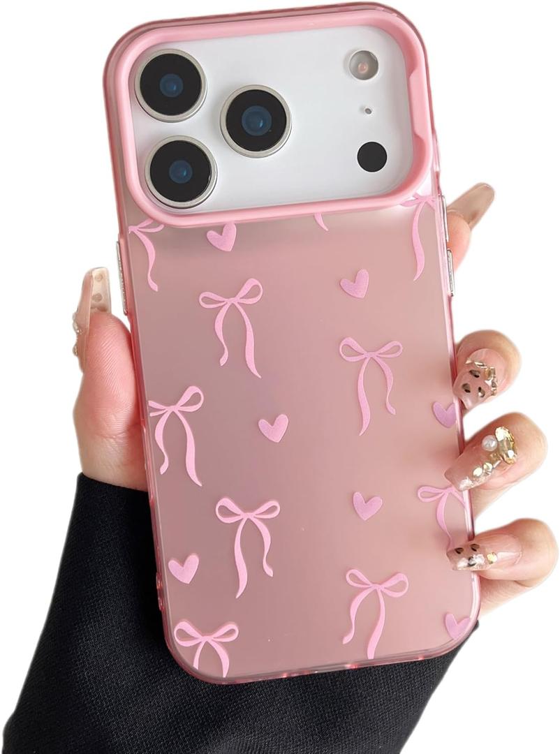 ZTOFERA for iPhone 17 Pro Case,Cute Pink Ribbon Bow Tie Aesthetic Phone Case,Trendy Slim Hard IMD Shockproof Protective Bumper Phone Cover for Women Girls,Heart