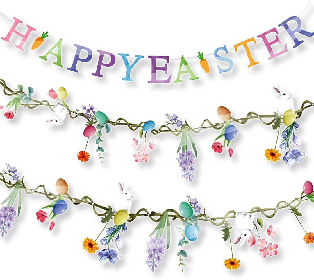 Frienda 3 Pcs Happy Easter Banner Easter Garlands Decoration PVC Bunny Tulip Wildflower Garlands Pastel Floral Banners Decor for Mantle Spring Egg Hunting Supplies Home Decor