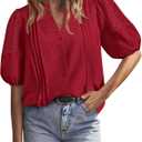 BTFBM Women's Lace Puff Sleeve Tops 2025 Summer V Neck Casual Button Down Shirts Loose Dressy Work Business Blouse Top (X-Large, Red)