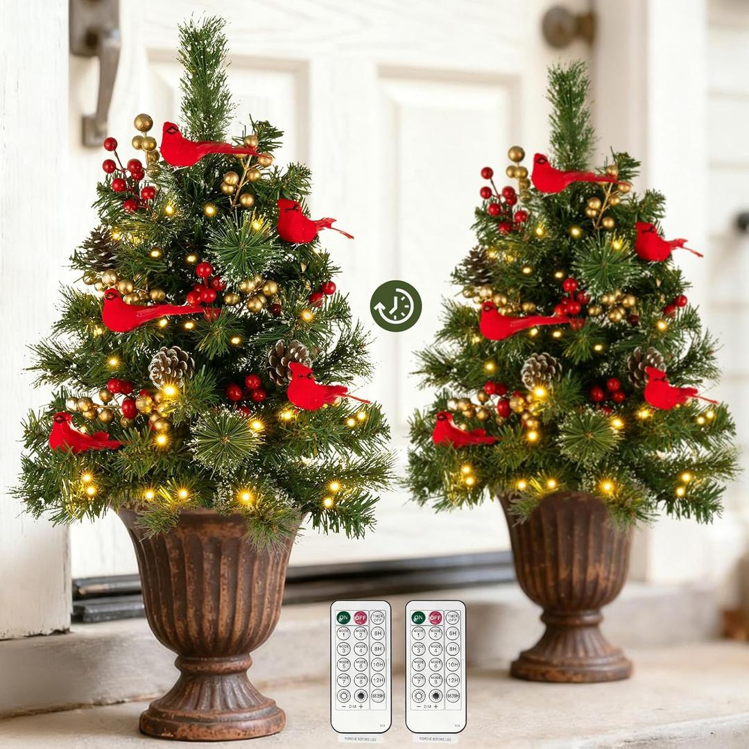 BLOSMON Outdoor Christmas Tree for Porch: 2 Sets 24 Inch Timer Prelit Planter Bushes with 10 Red Cardinals - Remote 60 Lights 8 Modes - Small Pot Urn Filler for Front Door Pathway Yard Decor
