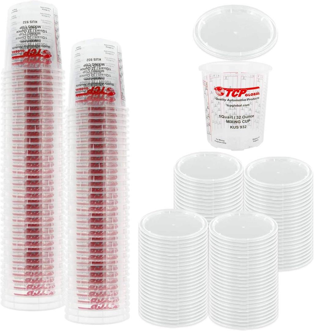 Custom Shop/TCP Global Full Case of 100 Quart (32oz) Paint Mixing Cups with 50 Lids - Cups are Calibrated with Multiple Mixing Ratios (1-1) (2-1) (3-1) (4-1) (8-1)