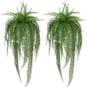 Artificial Boston Fern Bush with Ground Spike, Artificial Fake Plants Outdoor, UV Resistant Faux Fern Outdoor Plants for Indoor, Front Porch, Garden, Set of 2