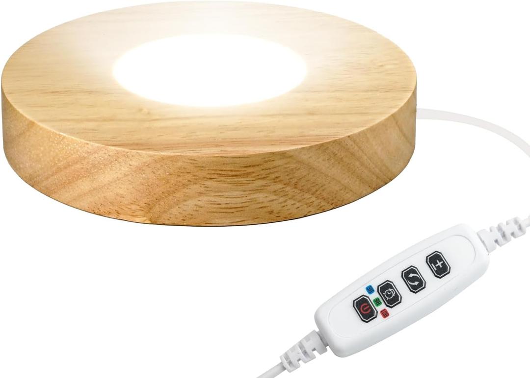Wood LED Light Base - Crystal Display Base for Glass Art/Acrylic, 3 Light Modes with 10-Level Dimming & Auto Timer (Yellow, 4.7inch)
