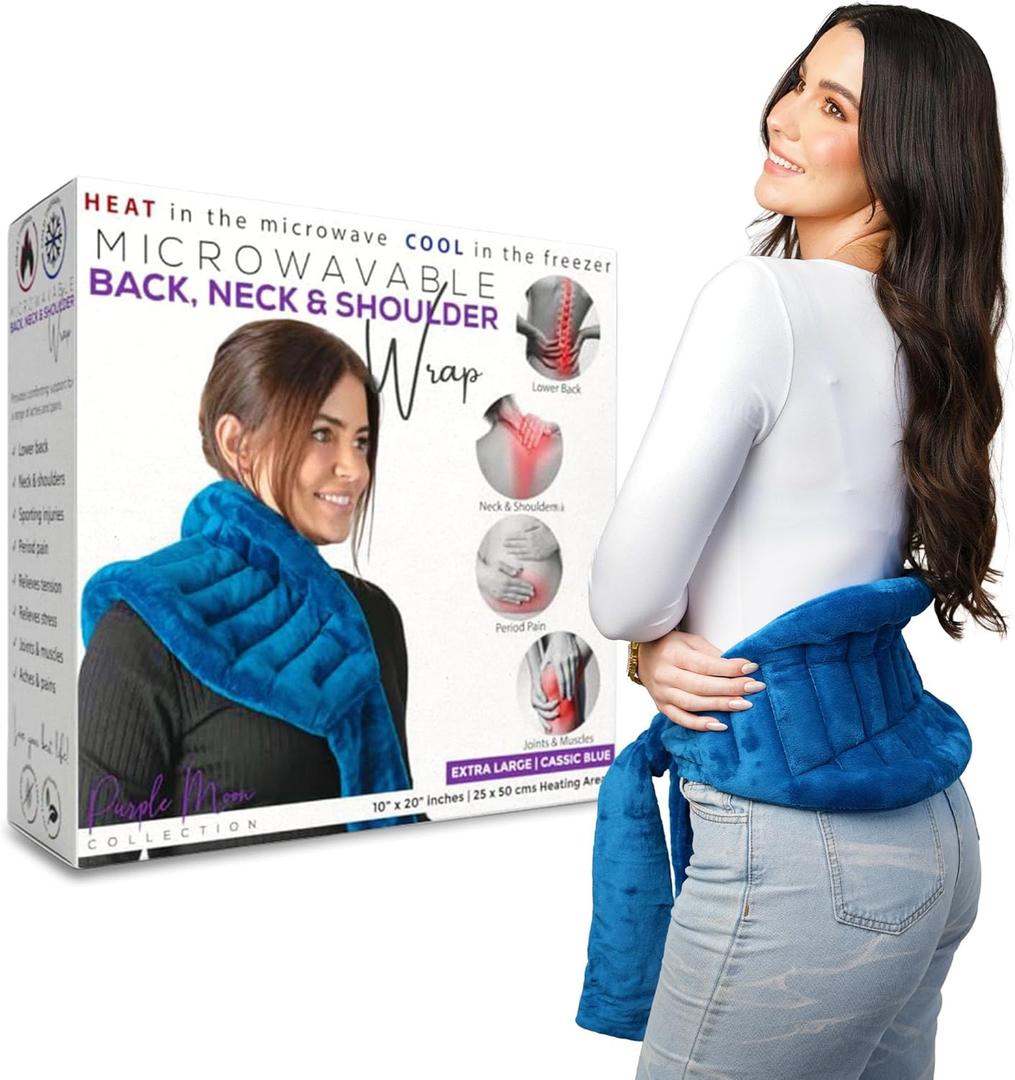 Purple Moon Collection - Wearable Heating Pad with Straps - Extra Large, Blue - Microwavable Heat Pack for Back, Neck, Shoulders Pain Relief - Moist Hot/Cold Therapy Body Wrap for Menstrual Cramps