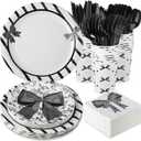 Yungyan 194 Pcs Black Bow Party Supplies Includes Black Bow Plates Napkins Forks Cups Black and White Party Decorations Black Bow Disposable Tableware Set for Bachelorette Bridal Engagement, Serve 24