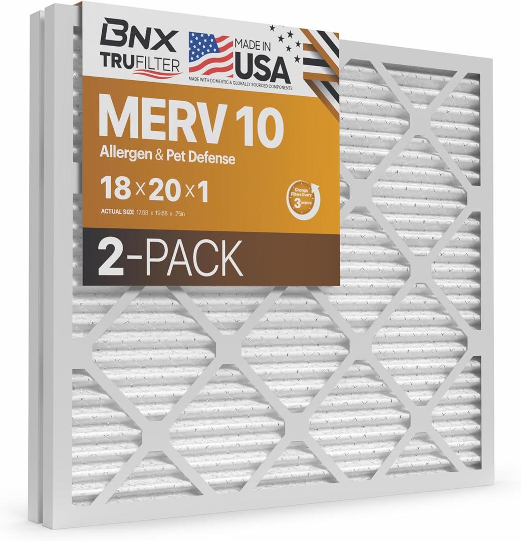 BNX TruFilter 18x20x1 MERV 10 (2-Pack) AC Furnace Air Filter - MADE IN USA - Pleated Air Conditioner HVAC AC Furnace Filters - Removes Odor, Mold, Bacteria, Smoke