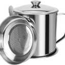 Bacon Grease Container,Kitchen Oil Container Can with Strainer and Anti-slip coaster tray for Store Meat Frying Oil and Cooking Grease Storage (Silver~2)