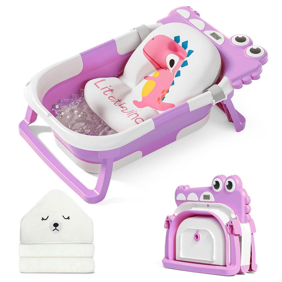MoreFeel Collapsible Baby Bathtub for Newborn with Thermometer & 1 Hooded Towel & 1 Soft Floating Cushion,Portable Travel Bathtub with Drain Hole, Durable Foldable Baby Tubs for Infants to Toddler (Lavender)