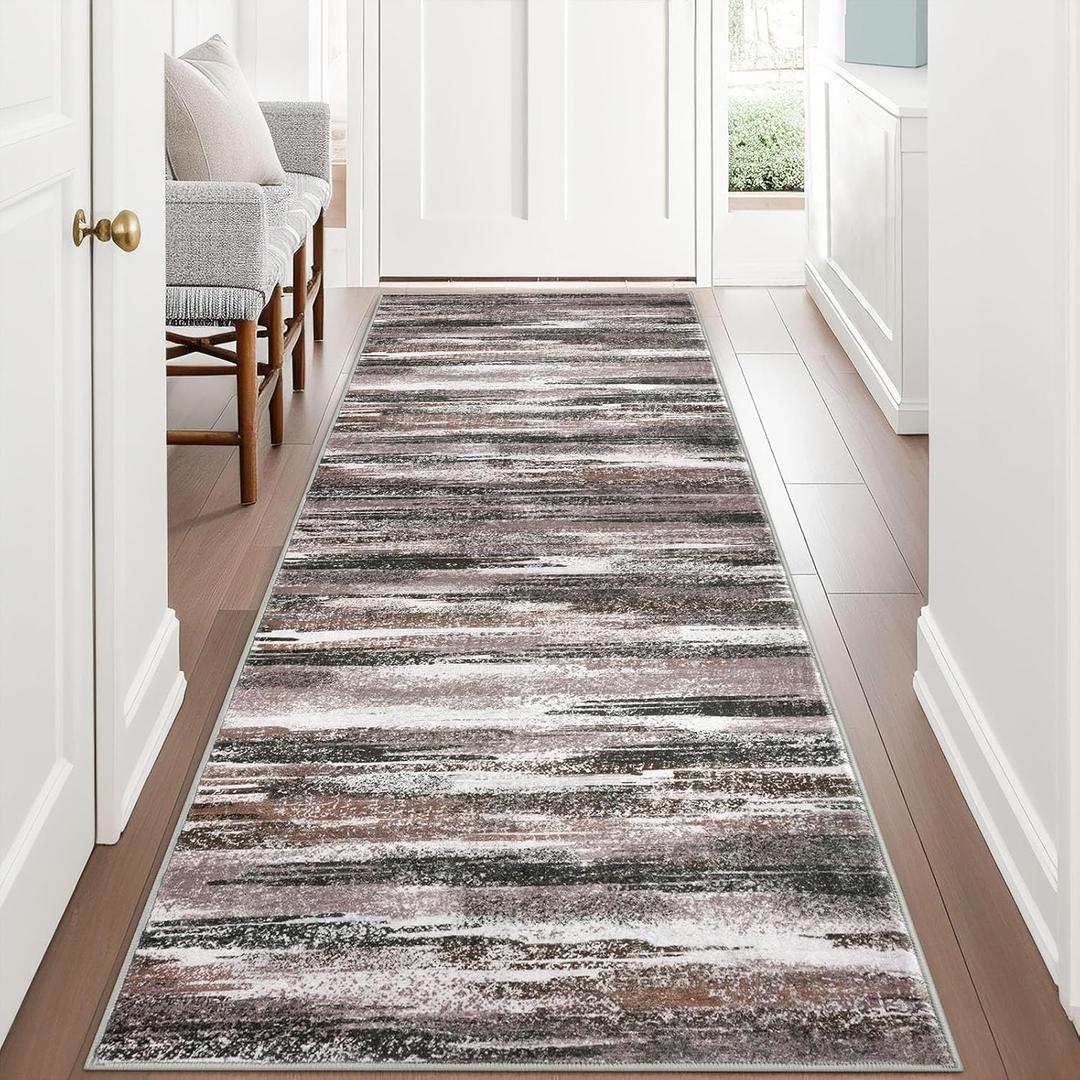 Lansny Modern Abstract Runner Rug 3x8, Dark Light Brown White Washable Kitchen Runner Non-Slip Soft Hallway Rug Runner Thin Print Faux Wool Carpet for Entryway Bedroom Laundry Room Indoor