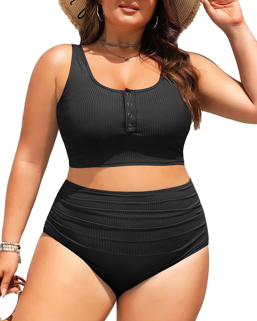 Plus Size 2 Piece Swimsuit - Womens High Waisted Bikini Tummy Control Bathing Suit Ribbed 2025 Swimwear (Black), Size 16W