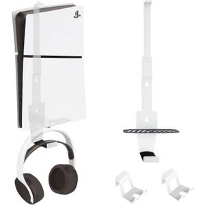 PS5 Wall Mount, Heavy-Duty Steel Mount Kit for Protection & Cooling with 2 Controller Holder and Headset Holder,Compatible with All PS5 Models Including Slim, Pro, Original(White)