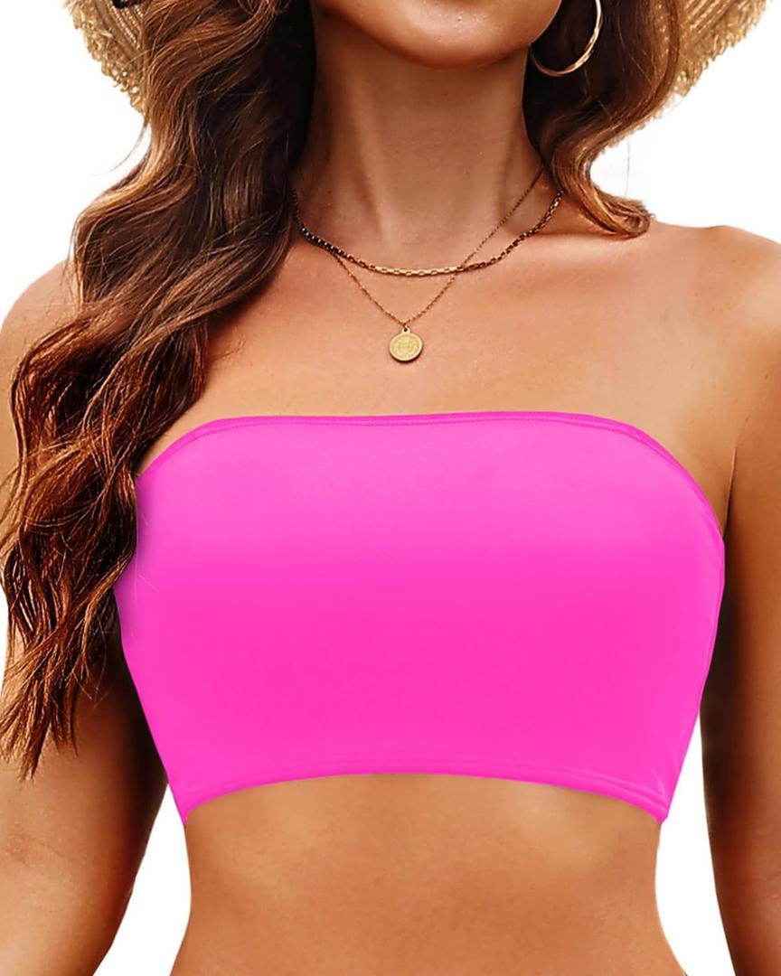 Bandeau Bikini Tops for Women - Strapless Swim Top Bathing Suit Tube Swimsuit Tops (Medium, Hot Pink)