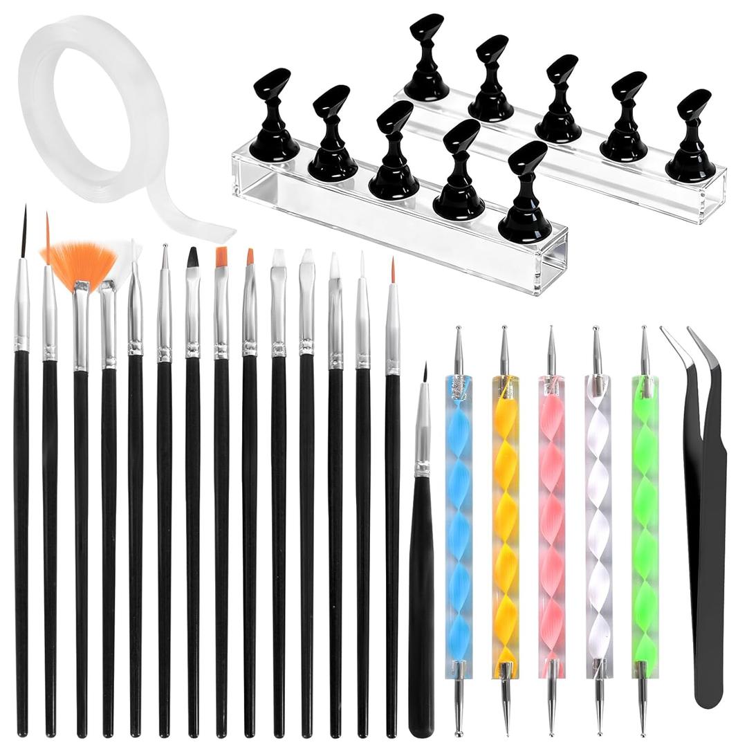 Nail Art Tools Kit with 15 Nail Art Brushes, 5 Dotting Tools, Nail Stand for Press-on, Nail Design Tools for Salon & DIY Home Manicure (Black)